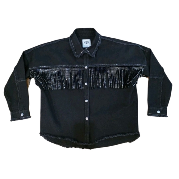 Zara Cowgirl Concert Dazzler Rhinestone Fringe Jewel Black Jacket Denim Oversize - Picture 7 of 8